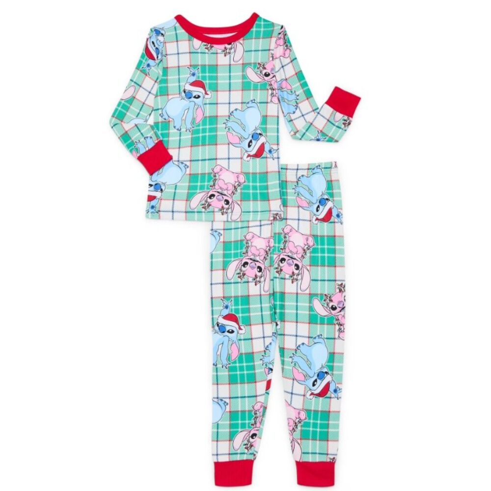 NEW Girls Sz 4 Holiday Christmas STITCH Green Plaid 2 Pc Soft Pajama Lounge Set